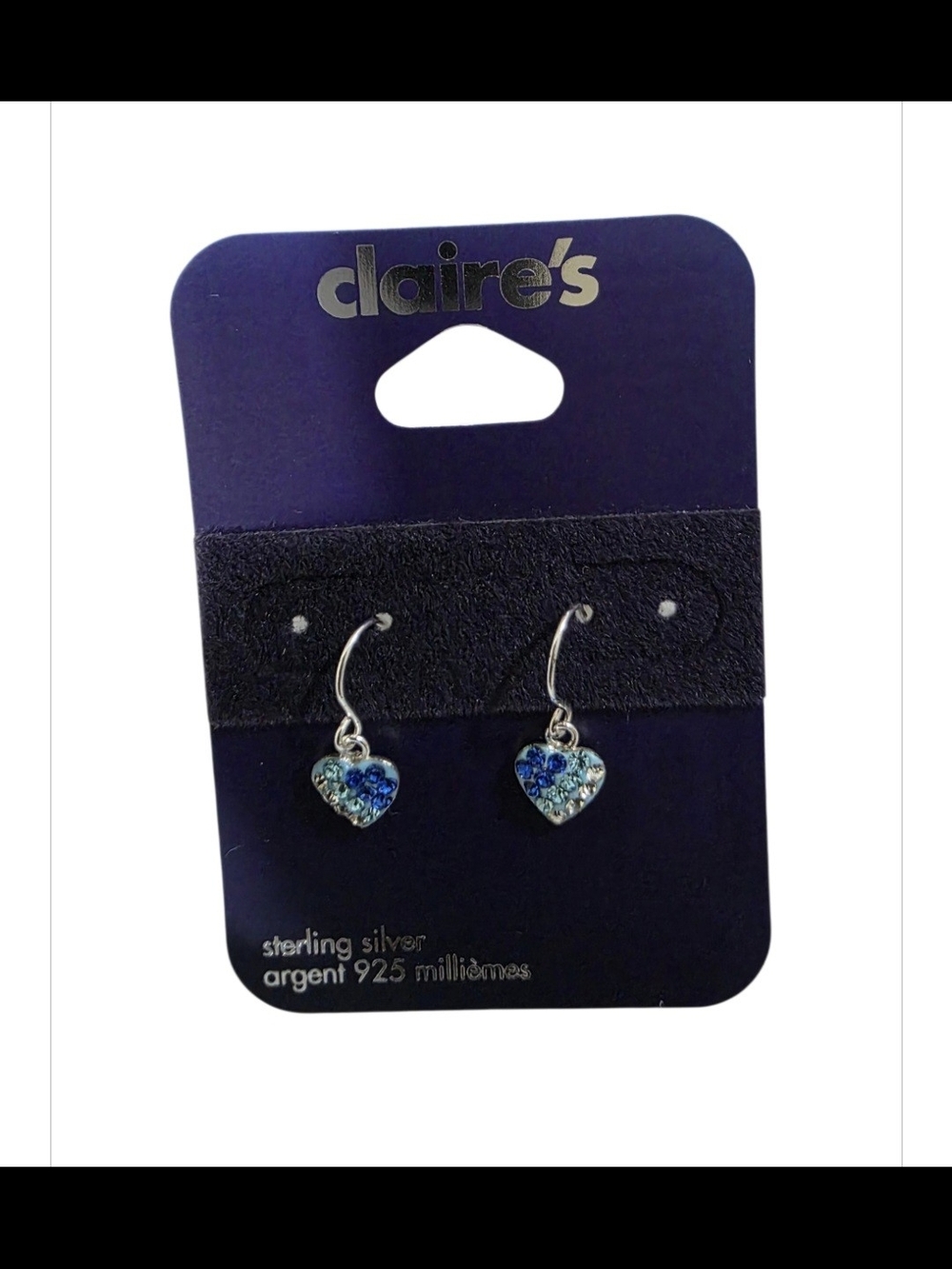 Claire’s Sterling Silver 925 Blue Crystal Heart Dangle Earrings NWT